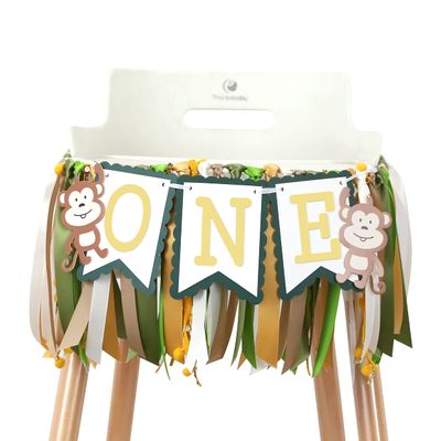 1st Birthday Monkey Banner - Safari Jungle Party High Chair Decor