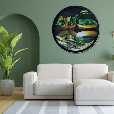 AECEVAN Wall Mount Moving Sand Art, 17.3'' Wall Mounted Rotate Sculpture 3D Deep Sea Sandscape Moving Display Round Glass Sandscape Moving Flowing Sand Frame, Wall Art Decor for Home Office