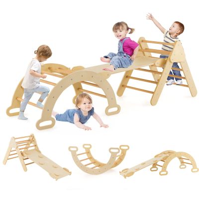 HONEY JOY 5 in 1 Wooden Climbing Toys for Toddlers, Triangle Climber with Ramp for Sliding or Climbing, Indoor Beech Montessori Triangle Climbing Arch Set for Daycare, Gym & Playground, Natural