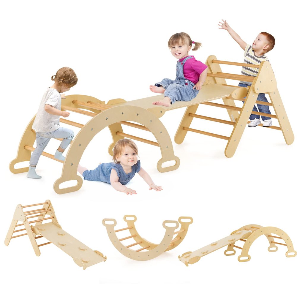HONEY JOY 5 in 1 Wooden Climbing Toys for Toddlers, Triangle Climber with Ramp for Sliding or Climbing, Indoor Beech Montessori Triangle Climbing Arch Set for Daycare, Gym & Playground, Natural