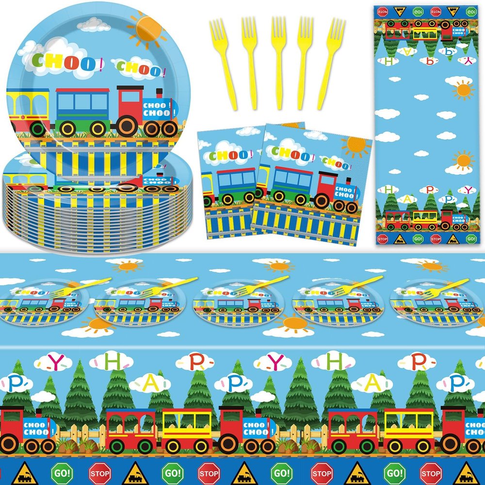 61 Pcs Train Birthday Decorations Chugga Choo Party Tableware Set Cartoon Car Plates Napkins and Tablecloth Transportation Themed Supplies for Birthday Parties Family Gathering Dinner Serve 20 Guests