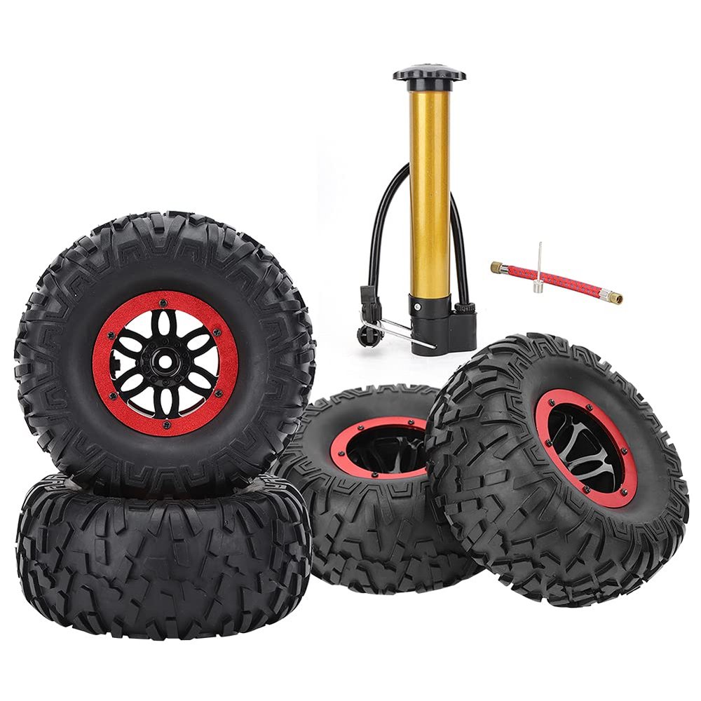Pilipane 1/10 RC Tire,4pcs 2.2in Rim Plastic/Metal Tire Skin, Inflatable Tire Upgrade Spare Parts Remote Car Tyre with Pump Needle Connection Cable for Four-Wheel-Drive 1/10 RC Car Model