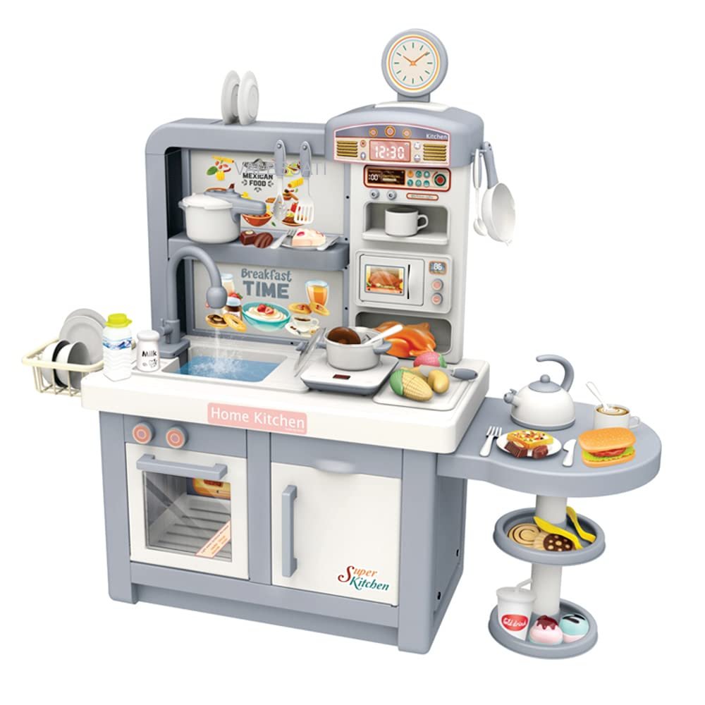 Big Modern Kitchen Set for Kids 45 pcs Pretend Play Cook with Sink, Light, Sound, Cutting Food, steam and Water Features, by VALESSATI