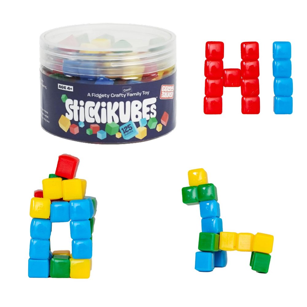 KOMARC GAMES StickiKubes, Mini Stacking Cubes That Stick to Anything, Non Toxic Kid Safe Sticky Blocks, Creative Construction Toy - 125 Cubes, 4 Colors, Tub