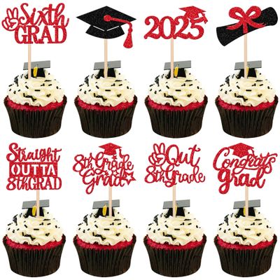 24 PCS 8th Grade Grad Cupcake Toppers Glitter Diploma Congrats Grad Cap 8th Grade Graduation Cupcake Picks for 2025 Kids Boys Girls Eighth Grade Graduation Party Cake Decorations Supplies Red