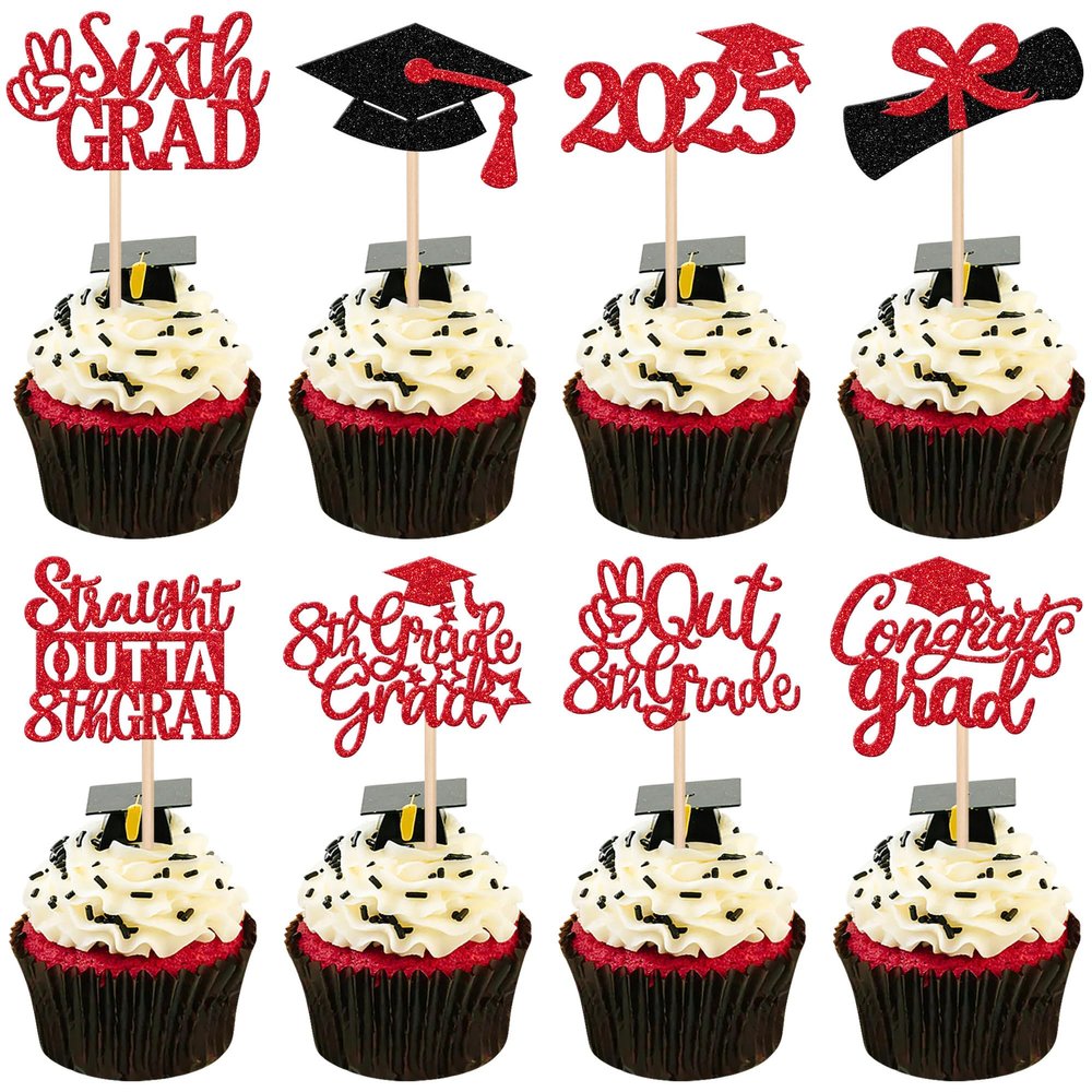 24 PCS 8th Grade Grad Cupcake Toppers Glitter Diploma Congrats Grad Cap 8th Grade Graduation Cupcake Picks for 2025 Kids Boys Girls Eighth Grade Graduation Party Cake Decorations Supplies Red