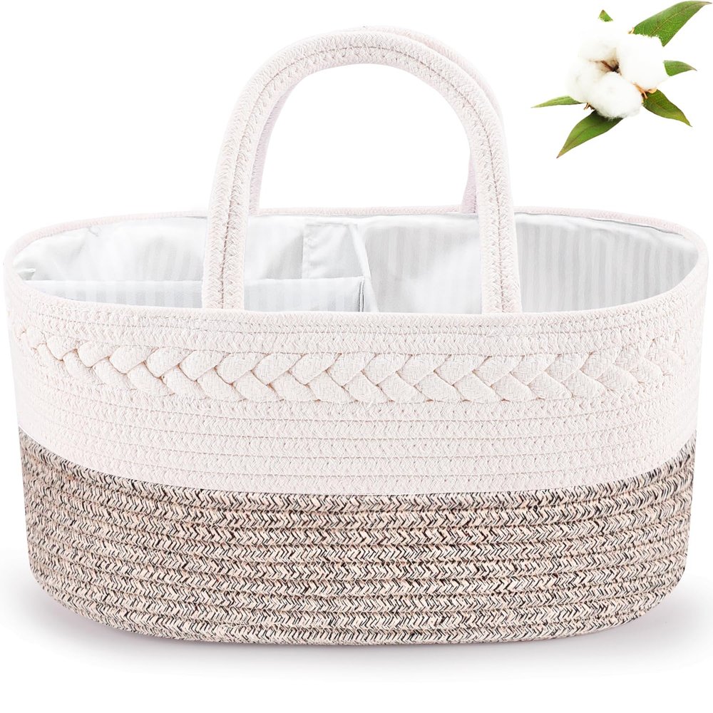 ABenkle Diaper Caddy Organizer, Boho Rustic Cotton Rope Nursery Baby Basket, Changing Table Organizer for Baby Diaper Storage and Baby Shower