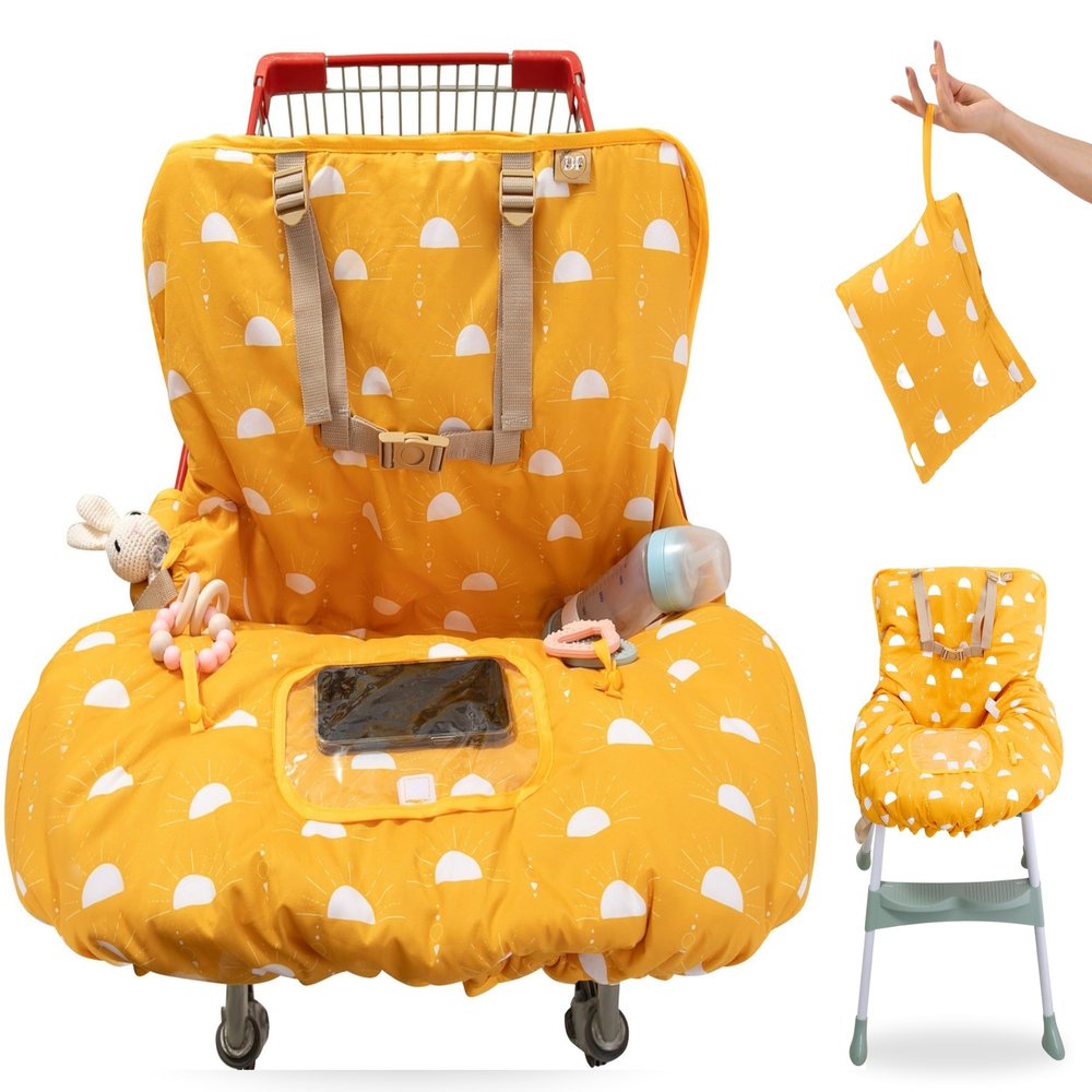 2-in-1 Baby Shopping Cart & High Chair Cover  Water-Resistant Padded Grocery Cart Seat Liner with Phone Pouch, Toy Loops & 360 Protection  Anti-Slip, Foldable, Travel Friendly Gender-Neutral Yellow