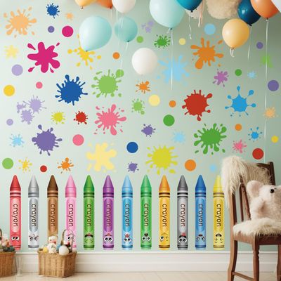 10 Sheets Creative Colorful Crayons Wall Decals Watercolor Ink Splash Dots Pens Wall Stickers DIY Removable Peel and Stick Nursery Wall Decor for Bedroom Classroom Playroom Decoration