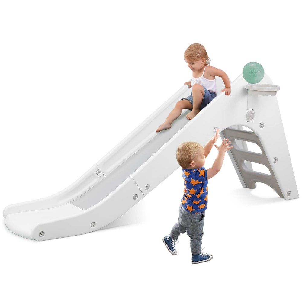 Arlopu Toddler Slide, Baby Indoor Foldable Slide with Basketball Hoop & Ball, 63" Extra Long Slope, Non-Slip Steps, Sturdy Plastic Outdoor Climber Playset for Boys and Girls (Grey White)