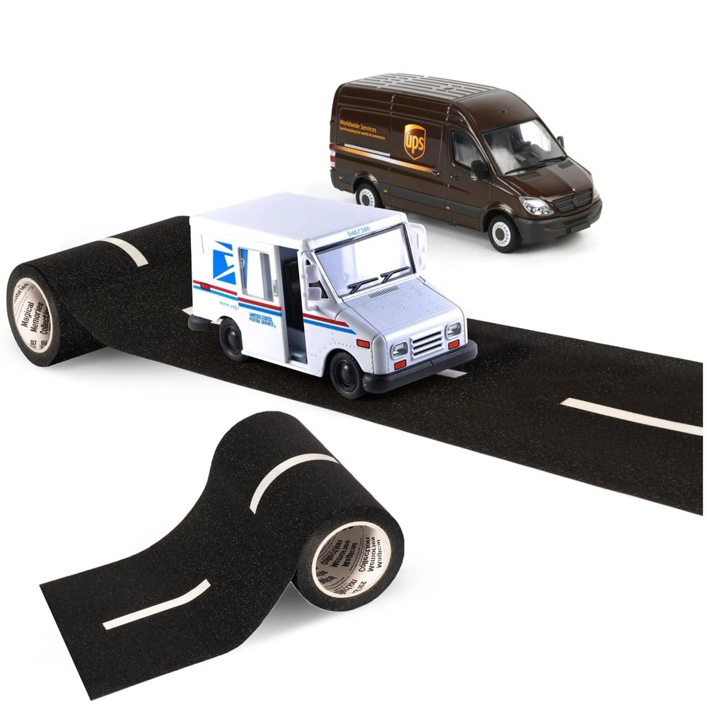Road Tape Diecast Toy Trucks Set- Reusable, Realistic Road Tape, UPS Sprinter Van, and United States Postal Mail Truck- Pullback Truck Toys with Detailed Interior, Moveable Openable Door