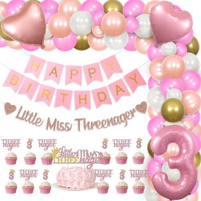 Balterever 3rd Birthday Decorations for Girls Pink Rose Gold for Girls Little Miss Threenager Birthday Decorations Little Miss Threenager Cake Cupcake Toppers Banner