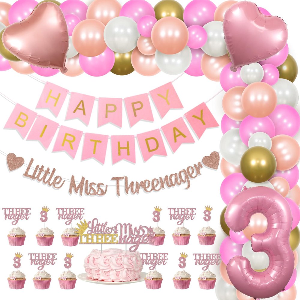 Balterever 3rd Birthday Decorations for Girls Pink Rose Gold for Girls Little Miss Threenager Birthday Decorations Little Miss Threenager Cake Cupcake Toppers Banner