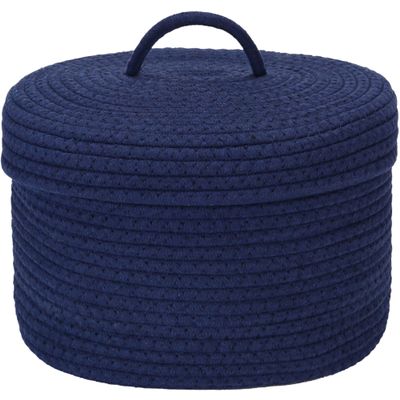 Sea Team Round Cotton Rope Storage Basket with Lid, Lidded Woven Storage Bin, Nursery Storage Container, Diaper Caddy, Baby Shower Basket, Box, Organizer, 11.8 x 11.8 x 6.7 Inches (Medium, Navy Blue)