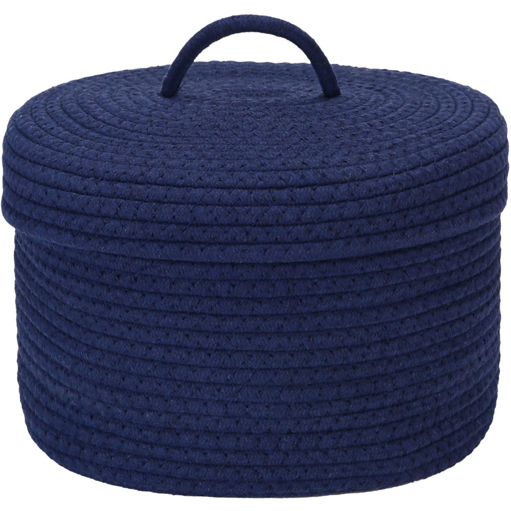 Sea Team Round Cotton Rope Storage Basket with Lid, Lidded Woven Storage Bin, Nursery Storage Container, Diaper Caddy, Baby Shower Basket, Box, Organizer, 11.8 x 11.8 x 6.7 Inches (Medium, Navy Blue)
