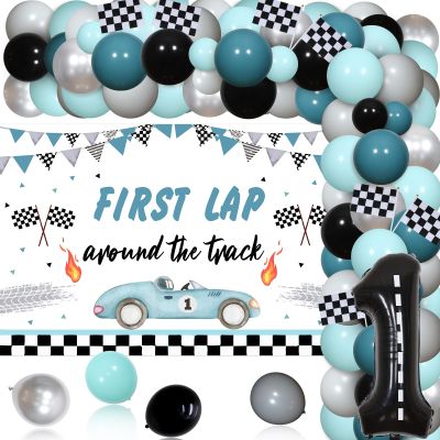 Race Car First Birthday Party Decorations, Vintage Fast One Birthday Decorations for Boys - First Trip Around the Track Backdrop, Retro Let's Go Racing Balloon Garland Kit
