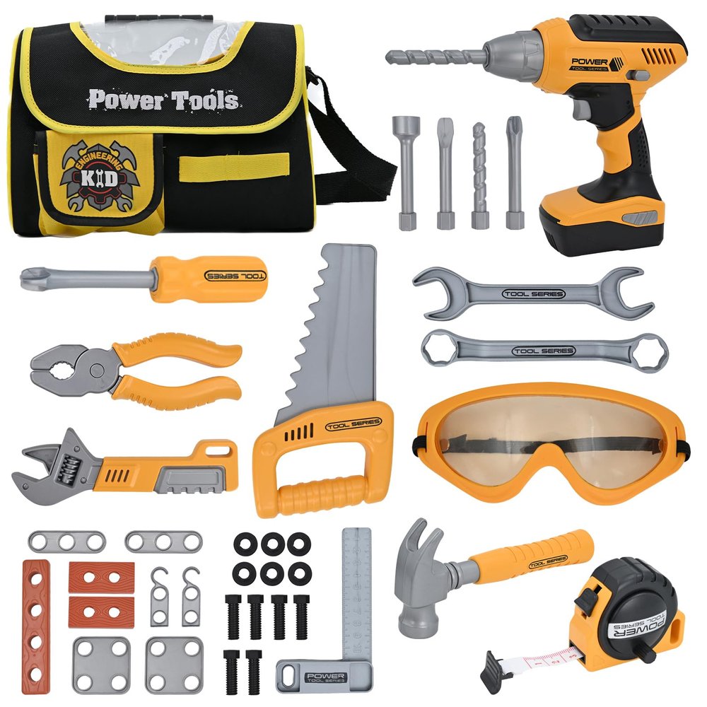 HYRENEE Kids Tools Set for Boys,Toddler Tool Set with Tool Bag & Electronic Drill,Construction Pretend Play Tools for Kids ,Toys for 3 4 5 Year Old Boys
