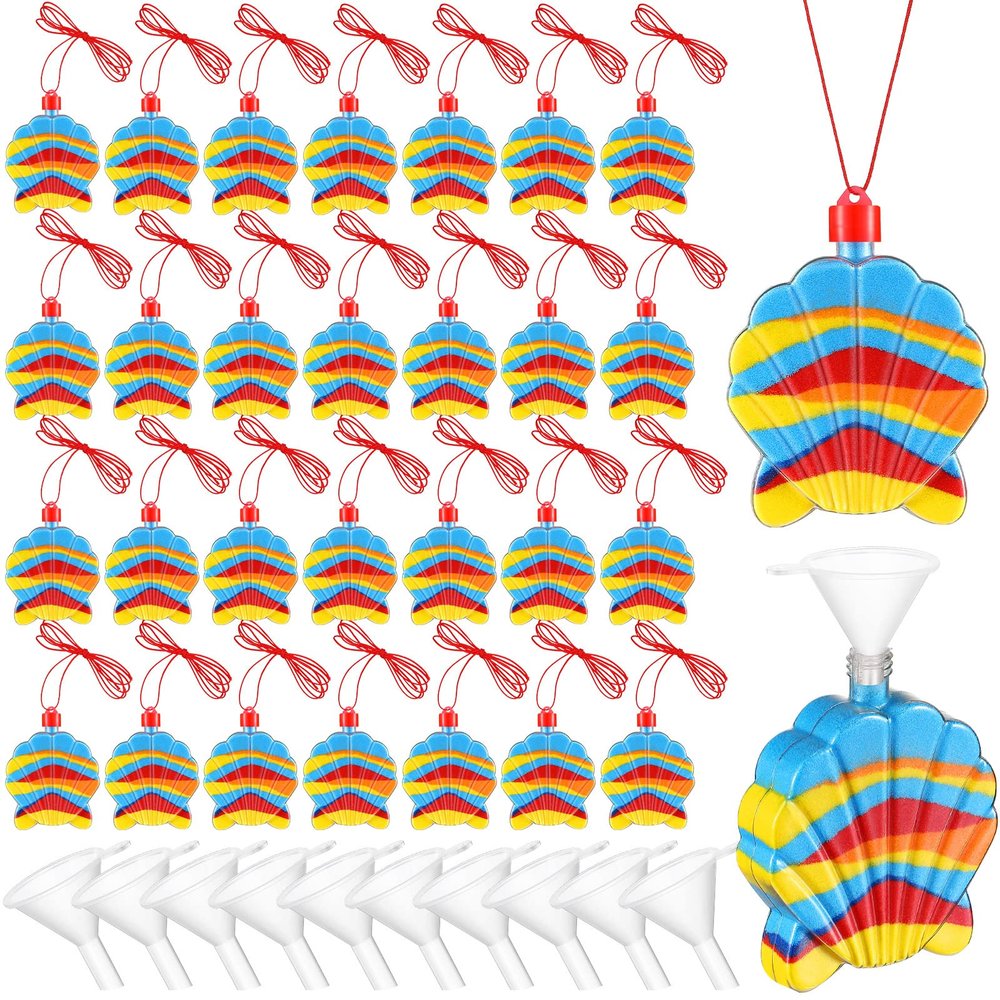 Yinkin 30 Pcs Sand Art Bottle Shell Necklaces Art Craft Bulk for Kids Craft Party Supplies Party Favors DIY Activity Group Included 10 Pcs Small Clear Plastic Mini Funnels, Sand Not Included