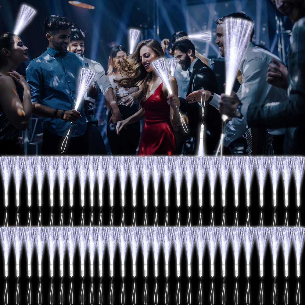 YOFOBU 60 PCS White Fiber Optic Wands Glow Fiber Wands Bulk LED Light Up Wands with 3 Flashing Modes LED Flashing Sticks for Halloween Christmas Valentine's Day July 4th Wedding Bridal Shower Birthday