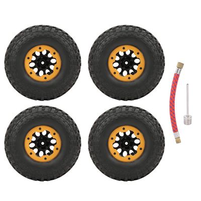 Pilipane 1/10 RC Tire,1.9inch 102mm4pcs Rubber Tire Skin, Plastic/Metal Inflatable Tire Upgrade Spare Parts Accessory with Pump Needle Connection Cable for 1/10 RC Car (Gold BA19202)