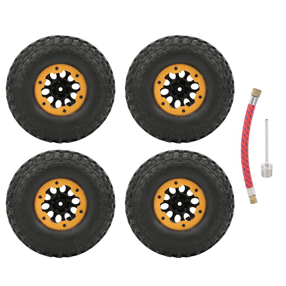 Pilipane 1/10 RC Tire,1.9inch 102mm4pcs Rubber Tire Skin, Plastic/Metal Inflatable Tire Upgrade Spare Parts Accessory with Pump Needle Connection Cable for 1/10 RC Car (Gold BA19202)