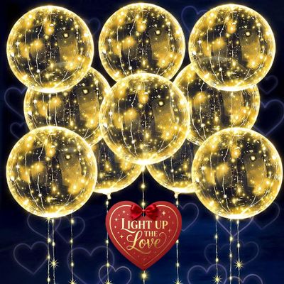 10 Pcs LED Balloons Light Up Balloons for Parties  Clear 18" Balloon with Gold String Lights & Individual Switch  Light Up Valentines Day Decorations for Holiday Parties, Batteries Not Included