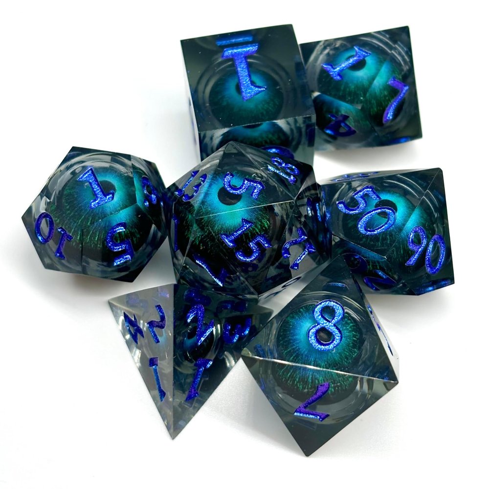 Sage's Portal Jiggling Eye Liquid Core 7-PC Sharp Edge Resin Polyhedral DND Dice Set for Dungeons and Dragons Pathfinder TTRPG (Eye of The Blue Beast)