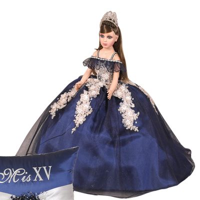 A&C Quinceaeras and More Last Doll Sweet Sixteen Doll Muneca para Quinceanera Navy Blue with Silver Flowers dress Muneca con Vestido Navy blue Dress