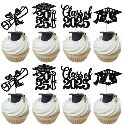 24 Pack 2025 Grad Cupcake Toppers Glitter Class of 2025 Congrats Grad Cap Cake Decoration Cupcake Picks for 2025 Graduation Theme School Party Supplies Black