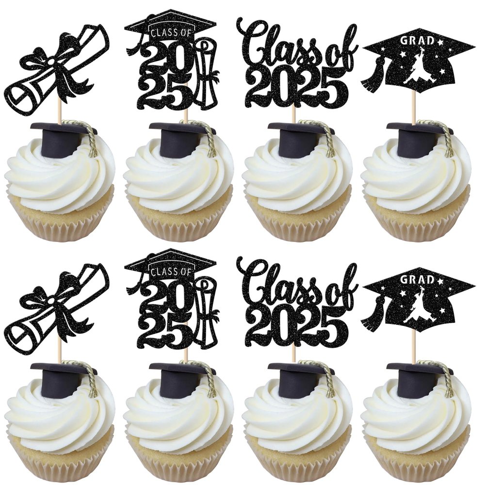 24 Pack 2025 Grad Cupcake Toppers Glitter Class of 2025 Congrats Grad Cap Cake Decoration Cupcake Picks for 2025 Graduation Theme School Party Supplies Black