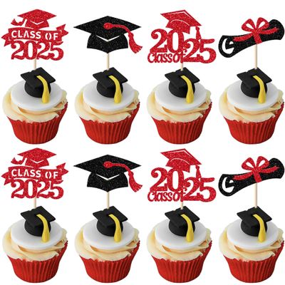 24 Pack Class of 2025 Cupcake Toppers Glitter Congrats Grad 2025 Done Diploma Cupcake Picks for Class of 2025 Graduation Theme Cake Decorations Party Supplies Red