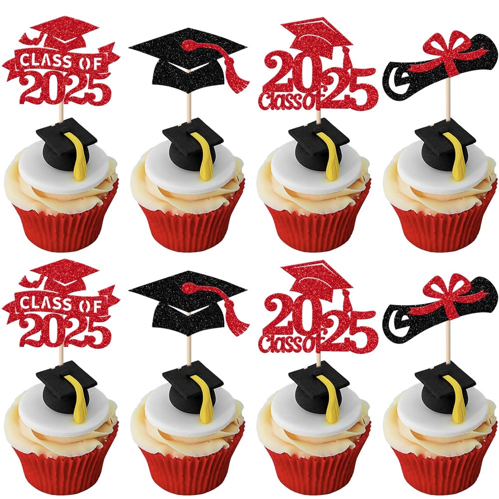 24 Pack Class of 2025 Cupcake Toppers Glitter Congrats Grad 2025 Done Diploma Cupcake Picks for Class of 2025 Graduation Theme Cake Decorations Party Supplies Red
