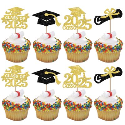 24 Pack 2025 Graduation Cupcake Toppers Glitter Class of 2025 Cupcake Picks Diploma Done Congrats Grad 2025 Cupcake Decorations for 2025 Graduation Theme Party Supplies Gold