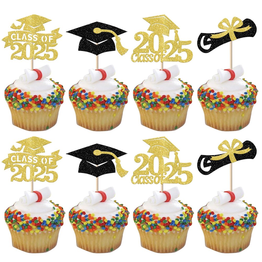 24 Pack 2025 Graduation Cupcake Toppers Glitter Class of 2025 Cupcake Picks Diploma Done Congrats Grad 2025 Cupcake Decorations for 2025 Graduation Theme Party Supplies Gold