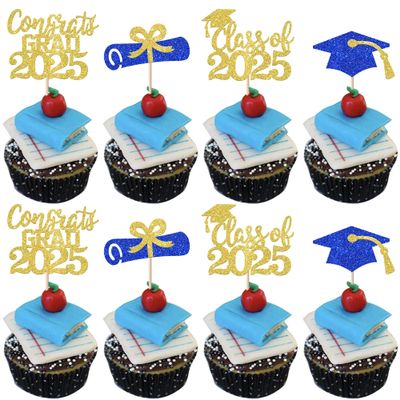 24 Pack 2025 Graduation Cupcake Toppers Glitter Diploma Congrats Grad 2025 Cap Class of 2025 Cupcake Picks 2025 Graduation Theme School Graduate Party Cake Decorations Supplies Gold Blue