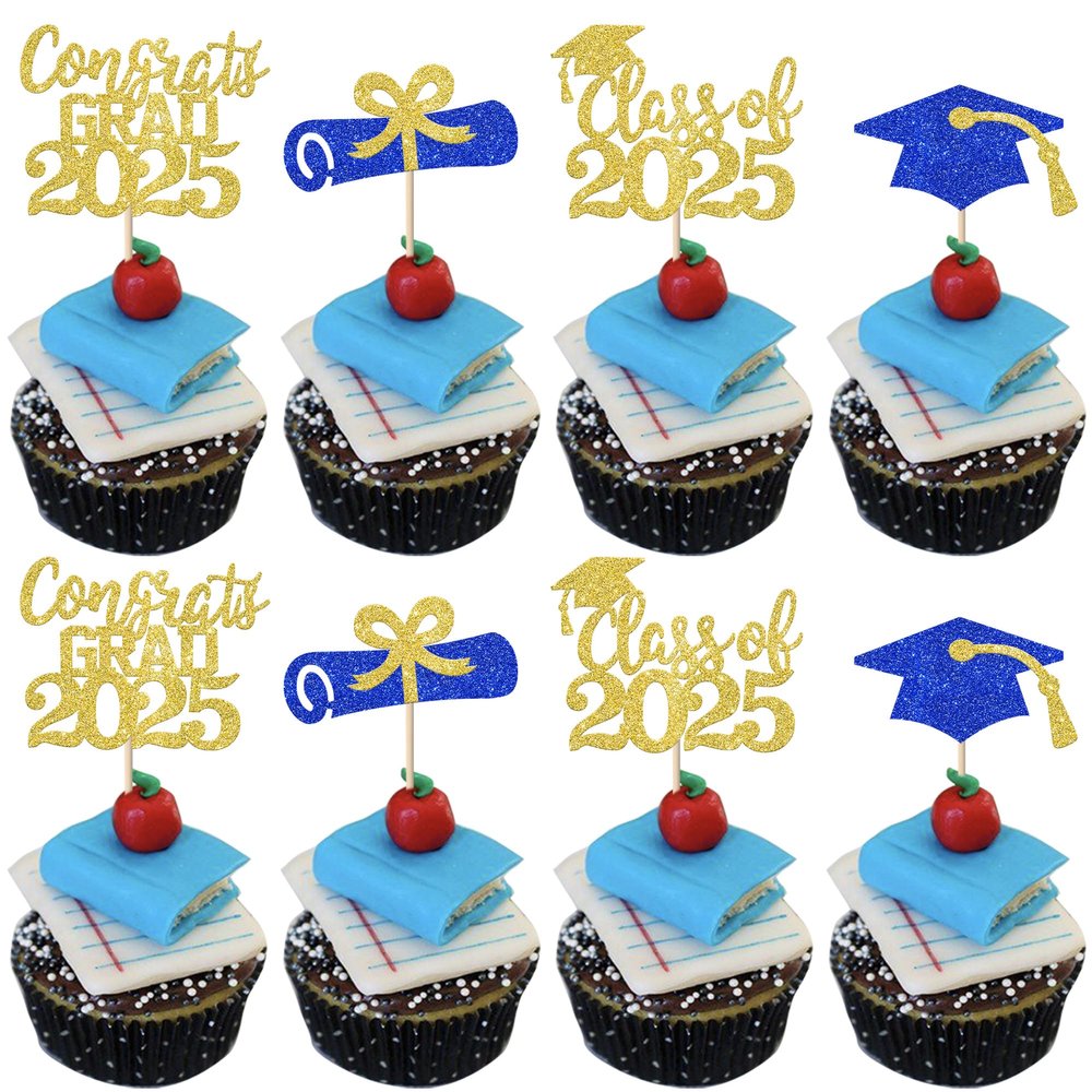 24 Pack 2025 Graduation Cupcake Toppers Glitter Diploma Congrats Grad 2025 Cap Class of 2025 Cupcake Picks 2025 Graduation Theme School Graduate Party Cake Decorations Supplies Gold Blue