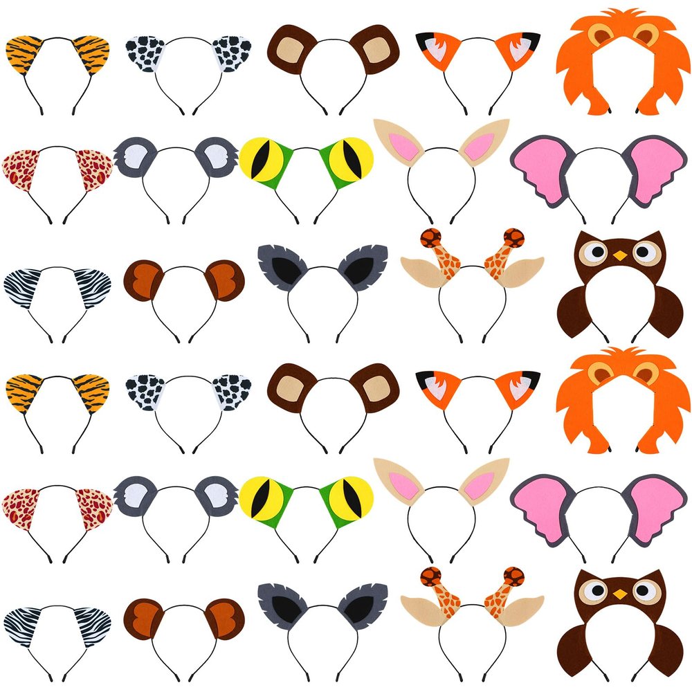 Kigeli 30 Pcs Jungle Animal Safari Ears Headbands for Hair Hoops Photo Booth Props One Birthday Easter Halloween Favors(Animals)