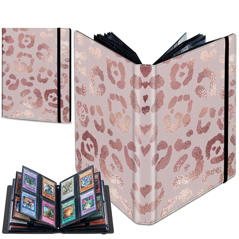 BREIDMKFM Trading Card Binder with 30 Sleeves, 4 Pocket Waterproof Card Book Holder Fits 240 Cards for Trading Cards, Football Cards, Pet Picture, Side Loading, Pink Leopard