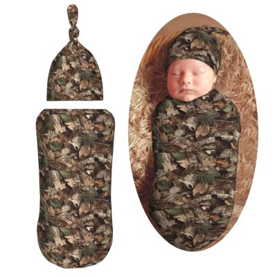 AuHomea Hunting Camo Leaves Newborn Swaddle Blanket with Beanie Set Soft Baby Sleep Sack Stretch Adjustable Swaddle Wraps Receiving Blankets