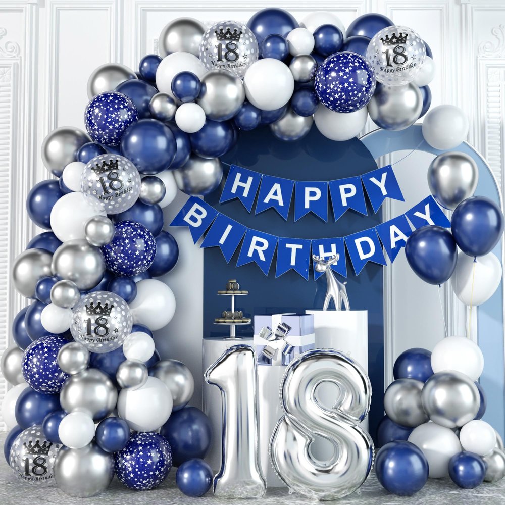 18th Birthday Decorations for Boys Blue Silver Balloons Garland Arch Kit with Number Foil Confetti Balloon Happy Birthday Bunting Banner Navy Blue Silver Party Decor for 18 Years Old Girls Anniversary
