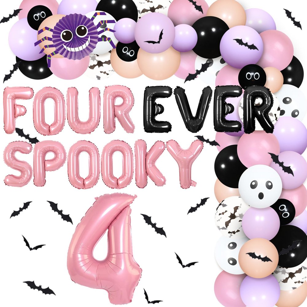 Jollyboom Four Ever Spooky Birthday Decorations, Halloween 4th Birthday Party Decorations Girl Pink and Purple Balloon Garland Kit Number 4 Balloon Spider Stickers for Girl 4th Bday Party