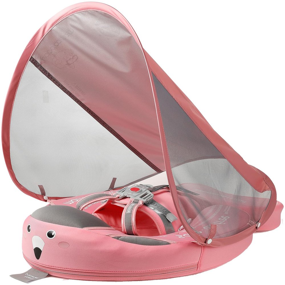 AnjeeIOT Mambobaby Float with Canopy Baby Float Non-Inflatable Baby Pool Float Solid Swimming Float Upgraded Add Tail Never Flip Over for Infant 3-24 Months, Pink