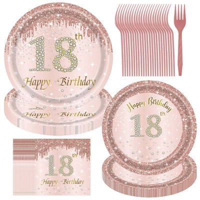 18th Birthday Decorations for Girls, Rose Gold Plates and Napkins, Pink Paper Party Supplies for Women - 96PCS Set Serves 24 Guests