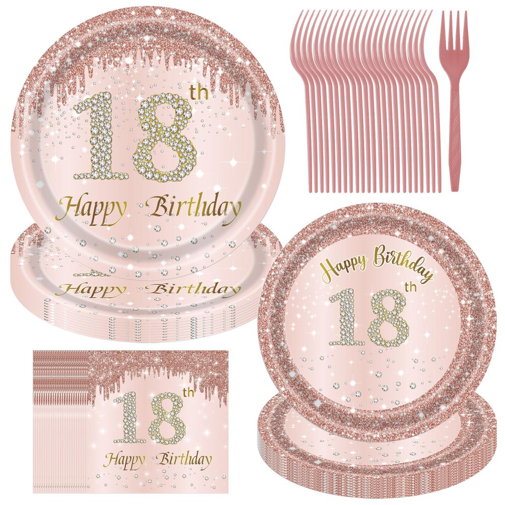 18th Birthday Decorations for Girls, Rose Gold Plates and Napkins, Pink Paper Party Supplies for Women - 96PCS Set Serves 24 Guests