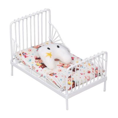 1:12 Scale Dollhouse, Furniture Mini Bed Set Decorative Pillow Metal Frame Lifelike Miniature Bed White (Bunny Pattern) Metal Dollhouse