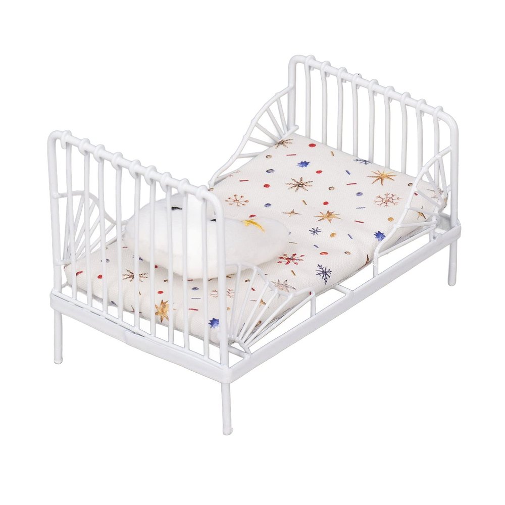 1:12 Scale Dollhouse, Furniture Mini Bed Set Decorative Pillow Metal Frame Lifelike Miniature Bed White (Star Pattern) Mini Doll