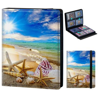 Trading Card Binder 4-pocket Card Holder Binder for Pokemon Baseball Football Hockey Sport Mtg TCG YUGIOH Card Binder Album 240 Cards Side Load + Elastic Band-Beautiful Beach Seashells