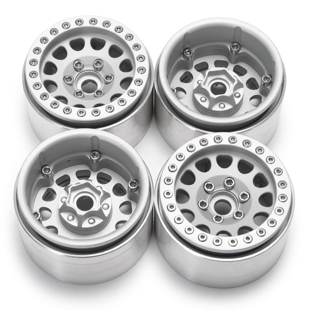 4Pcs Aluminum Alloy 1.9inch Beadlock Wheels Rims for Axial SCX10 II 90046 AXI03007 Traxxas TRX4 D90 1/10 RC Crawler Car (Color : Silver 4PCS)