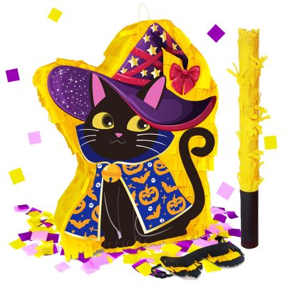 Black Cat Pinata for Kids and Adults - Witch Cloak Pinata with Stick and Blindfold for Spooky Halloween Party Decoration