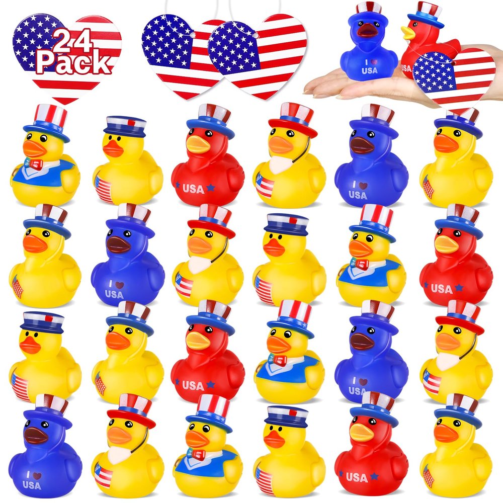 24 Pcs Patriotic Rubber Ducks, 4th of July Ducks for Jeeps, Fourth of July Independence Day Party Favors, Memorial Day Decorations, Bath Pool Toys, Valentines Day Gifts for Kids, Birthday Party Favors